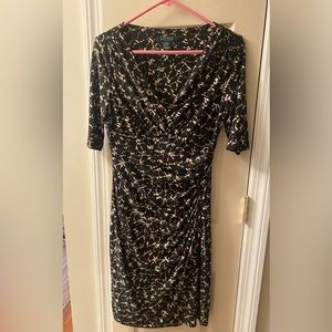 Black and Tan Rouched Faux Wrap Business Dress